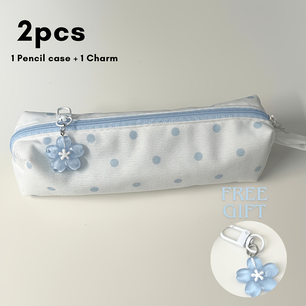 TEMU [2pcs Set] Blue Polka Dot Corduroy Toiletry Bag + Free Cherry Blue Keychain, Ins-style Korean Corduroy Pencil Case, Small Lining, Stationery