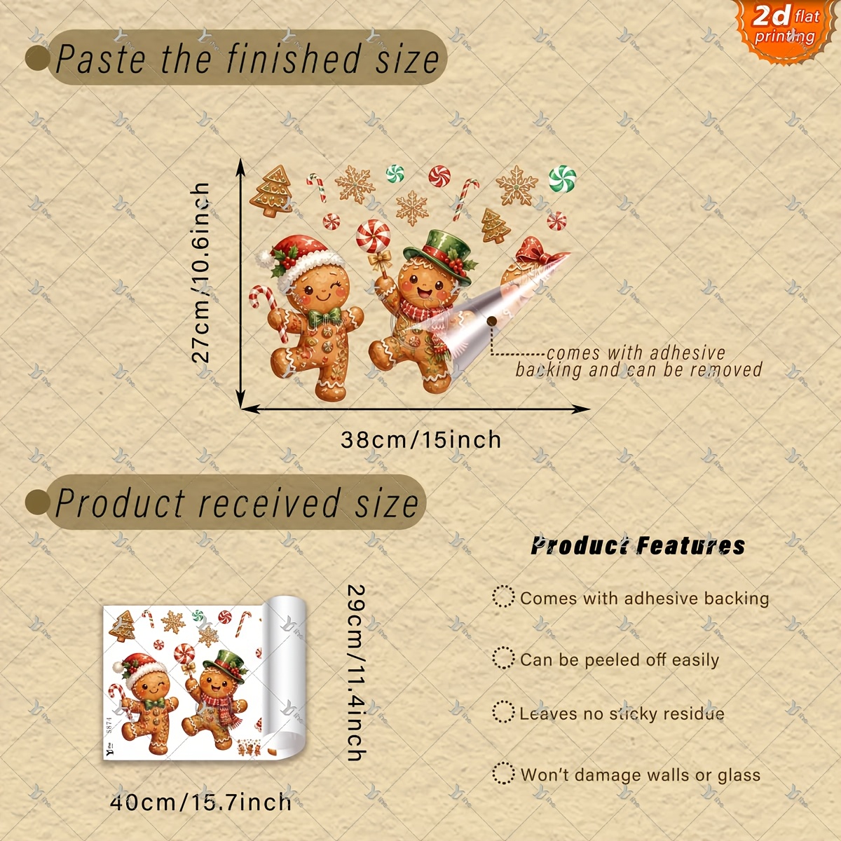 TEMU 2d Flat - 2d Flat - 1pc 2d Flat Printing Gingerbread Man Candy Cane Snowflake Christmas Tree 30*40cm Window Sticker Creative Self-adhesive