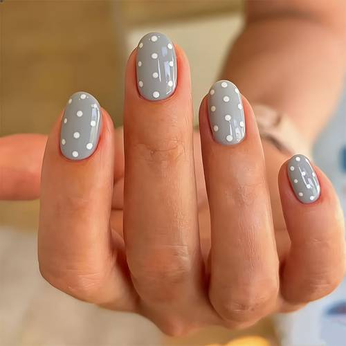 grey white on nails short round minimalist nails 24pcs daily wear