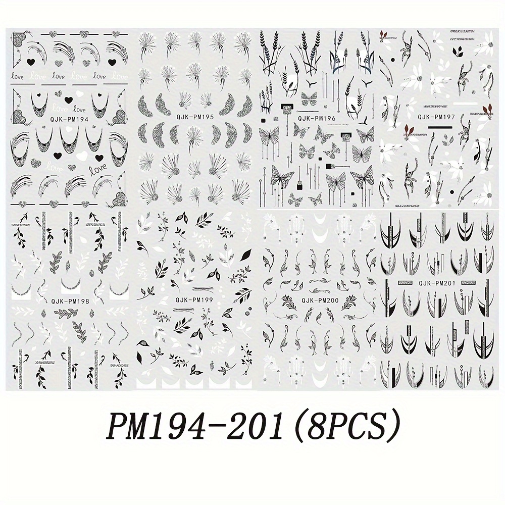 TEMU 8 Sheet Summer Glitter White Flower Leaf Art Stickers, Self Adhesive Nail Art Decals For Nail Art Decoration, Nail Art Supplies For Women And Girls