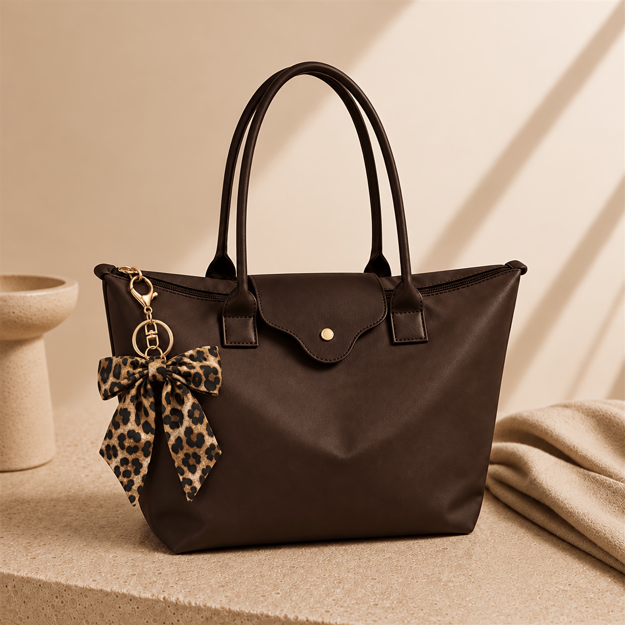 TEMU Women's Autumn/winter Dark Brown Tote Shoulder Bag 2pcs Set, 1 Large-capacity Commuter Handbag + 1 Detachable Leopard Print Bow Charm, Vintage