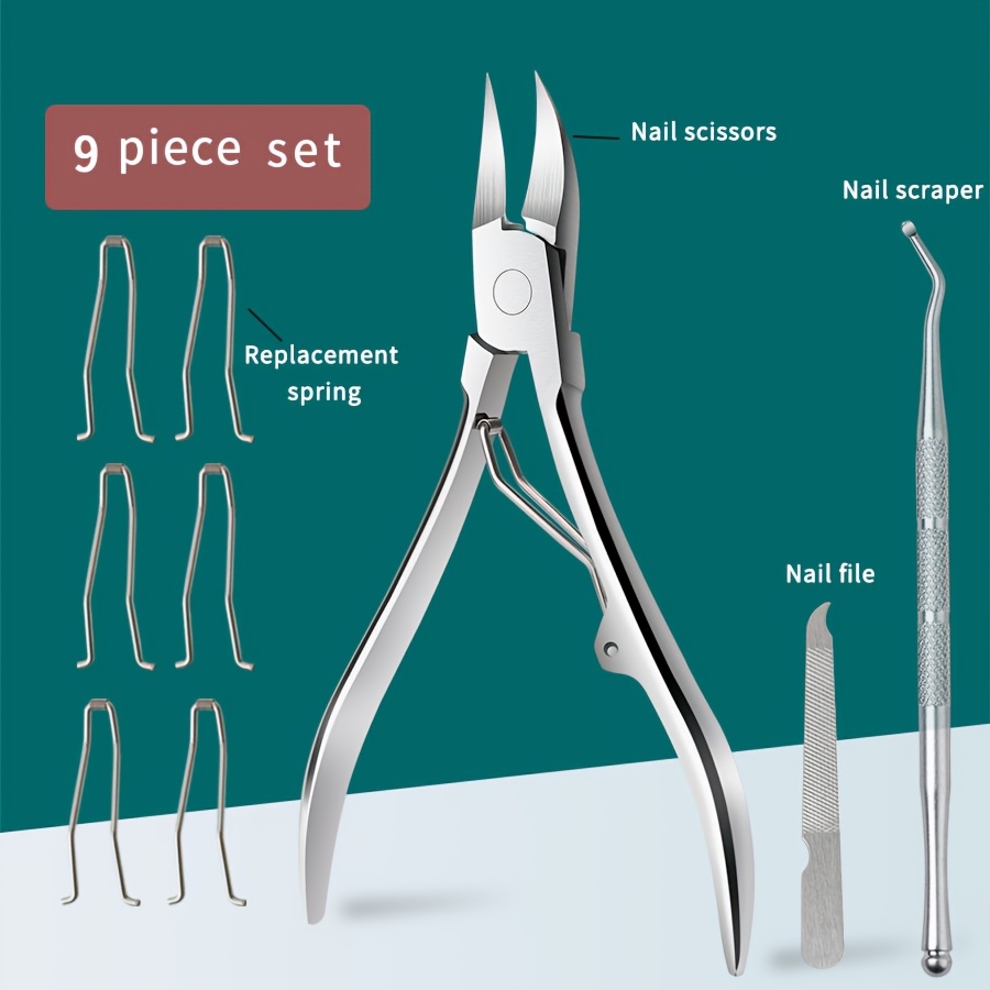 Image of 9pcs Stainless Steel Beak Pliers Nail Clipper Toenail Clipper Set With Replacement Spring Cuticle And Nail File, Ideal For Thick, Hard, Ingrown, And Embedded Nails. Sharp And Durable For Home Use.