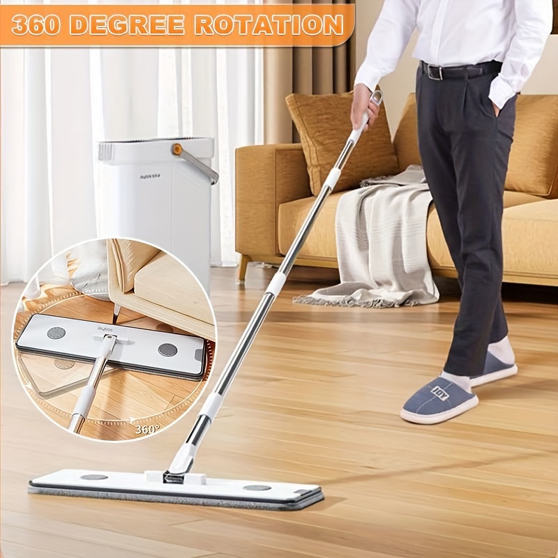 1 set     mop with long pole large head 4 pads flexible rotating 360 double wiper clothes clamp hole plastic stainless steel no electricity needed ideal for living room bedroom patio wall   cleaning essentials details 0