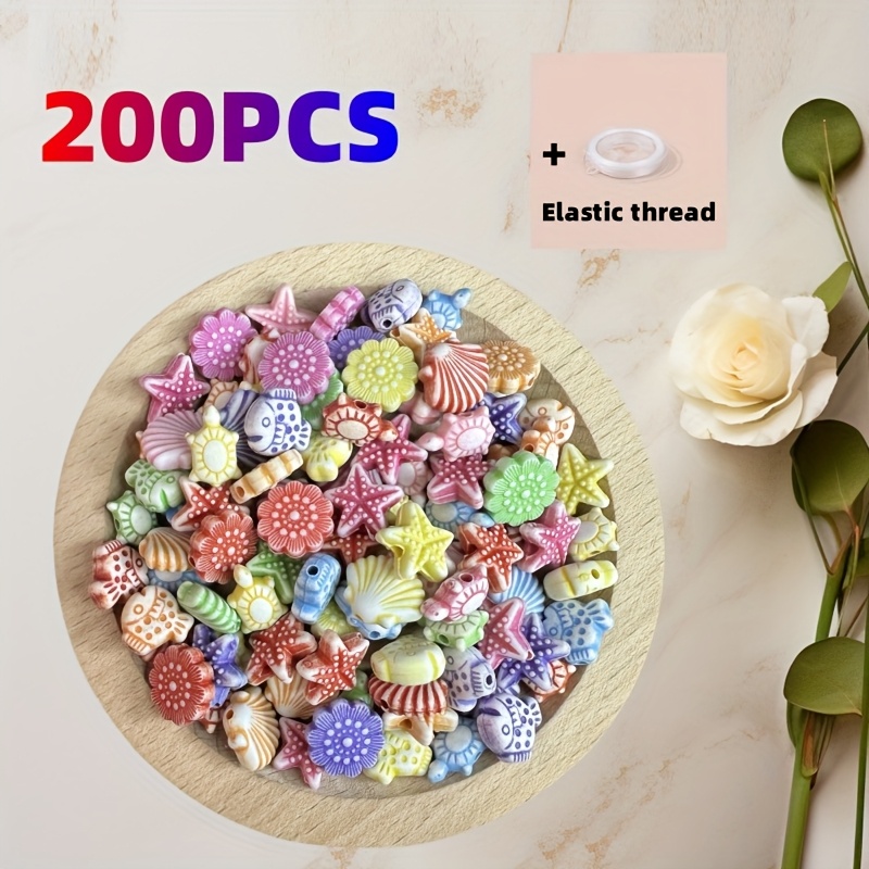 Image of 200pcs Of Beads + 1pc Of Elastic String, Mixed Ocean-themed Beads Including Starfish, Shells, Fish, Turtles, And Flowers For Necklace, Keychain, Phone Lanyard