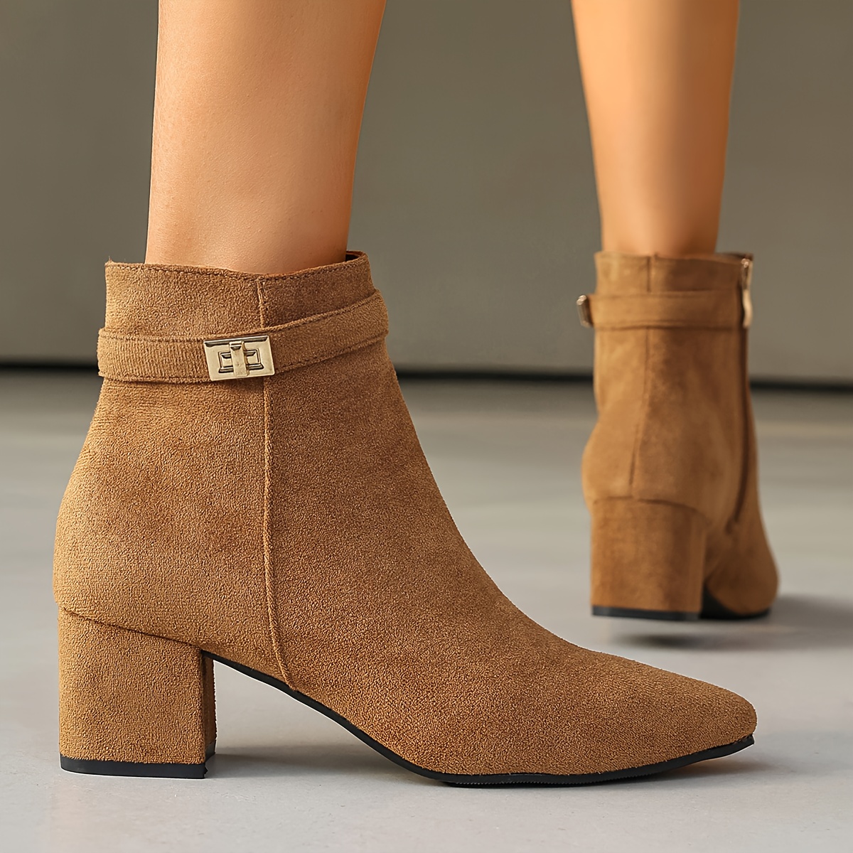 TEMU Women's Ankle Boots With Strap Decoration And Side Zipper, Featuring A Mid-heel And Chunky Heel, Suitable For Office Commuting And Formal
