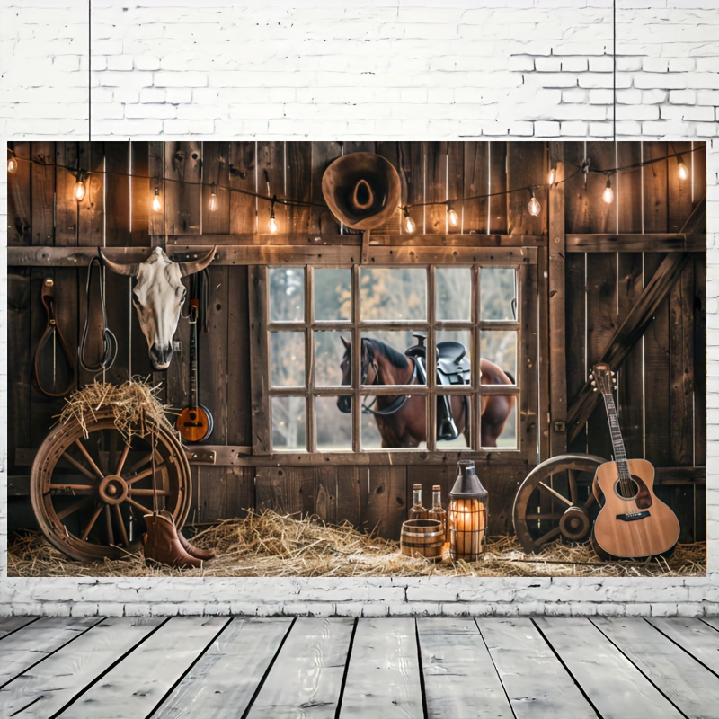 

1pc, Western Cowboy Backdrop Banner, Wild West Rustic Wooden Barn House Photography Background For Western Party Decoration