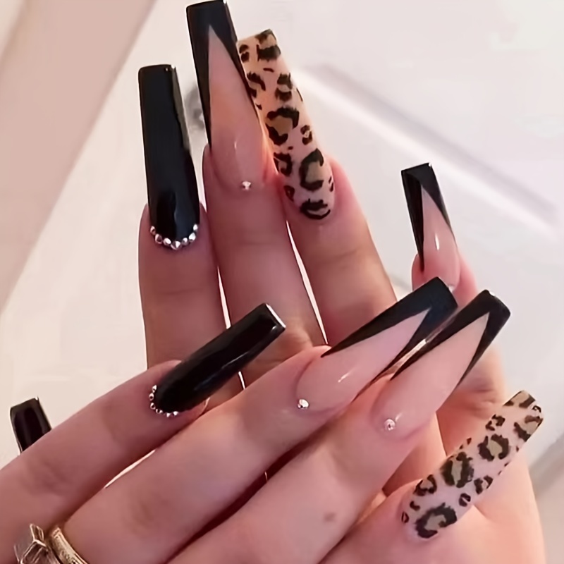 

24pcs Chic Black & Leopard Print Press-on Nails Set - Long With , Includes Adhesive Tabs & Nail File, Autumn And Winter, Diamond Style, Manicure