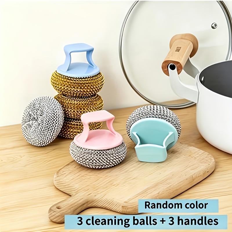 TEMU 6pcs Kitchen Cleaning Ball Scrubber With Handle, Pan Safe Wool Pad, Removable Washable No-shedding Scratch-free Pot Scrubber For Home Kitchen,,