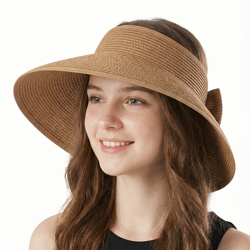 sun visor hats women wide brim straw roll ponytail summer - Temu