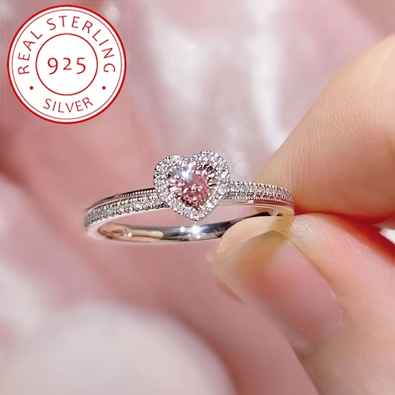 

1pc Elegant 925 Sterling Silver Heart-shaped Ring With Pink Synthetic Stone, Theme, Birthstone, Round Cubic Zirconia, Silver Plated, Ideal For & Valentine's Day Gift