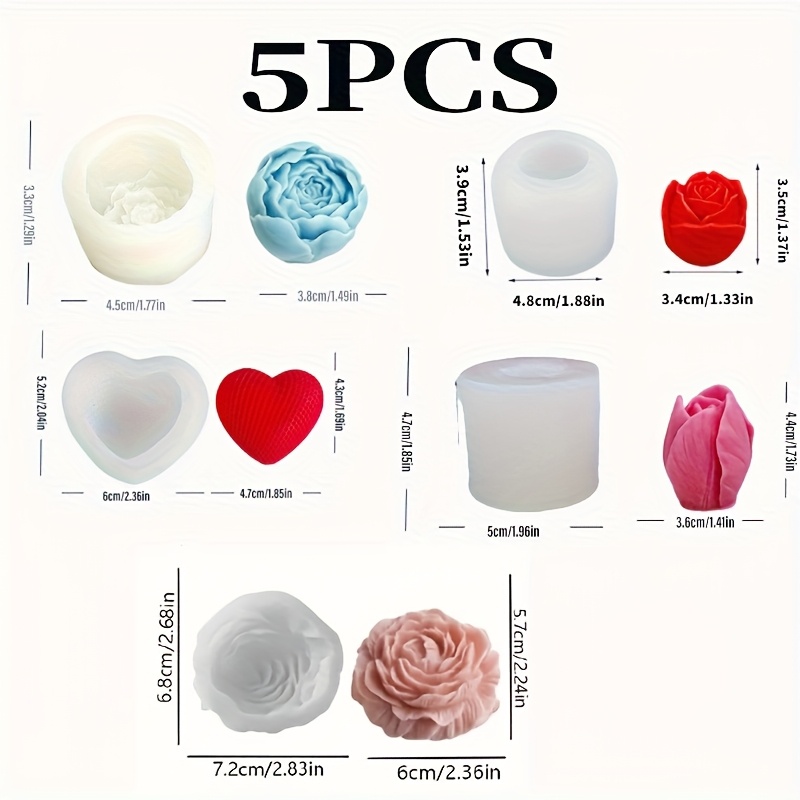 Image of 5pcs Silicone Mold Suitable For Diy Resin Crafts - 3d Plaid Heart, Peony, , Molds For Candles, Soap Making, Wax Molds For Housewarming Gifts, Wedding, Birthday, Mother's Day Decorations