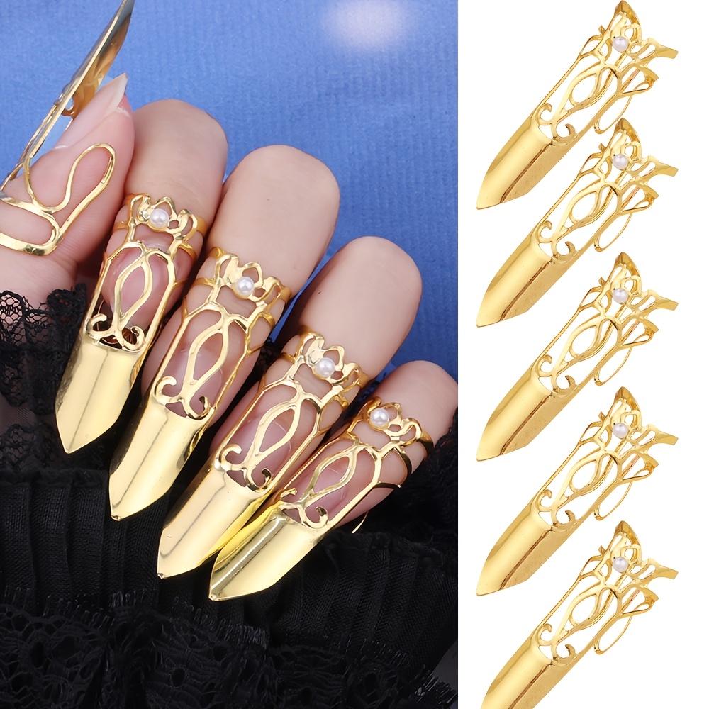 Goldene Metall Nagelkunst Dekorationen Falsche Ngel Rstungsring Finger  Kot mit Perle Luxus Reiche Nagelkunst Charms Foto Requisiten Nagel Zustze
