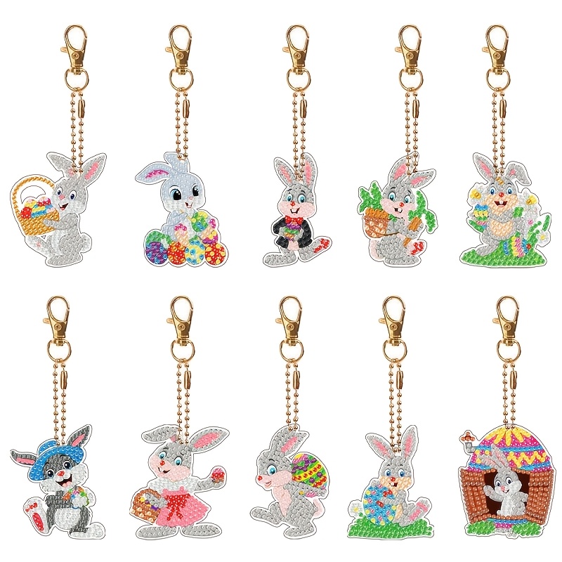 

10pcs Sparkling Easter Bunny Diy Diamond Painting Keychains - Dual-sided Acrylic Crystal Charms, Gemstone Rabbit Designs For Home & Garden Decor, Party Favors, Backpack Accessories, Rabbit Accessories