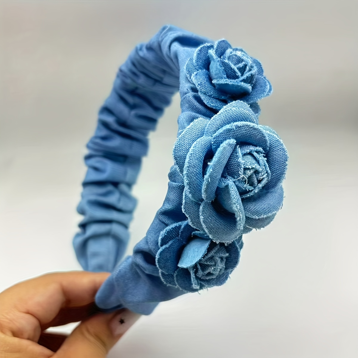 TEMU Vintage 3d Flower Denim Headband For Women, Elegant Pleated Hair Clip Hair Accessory, 1pc