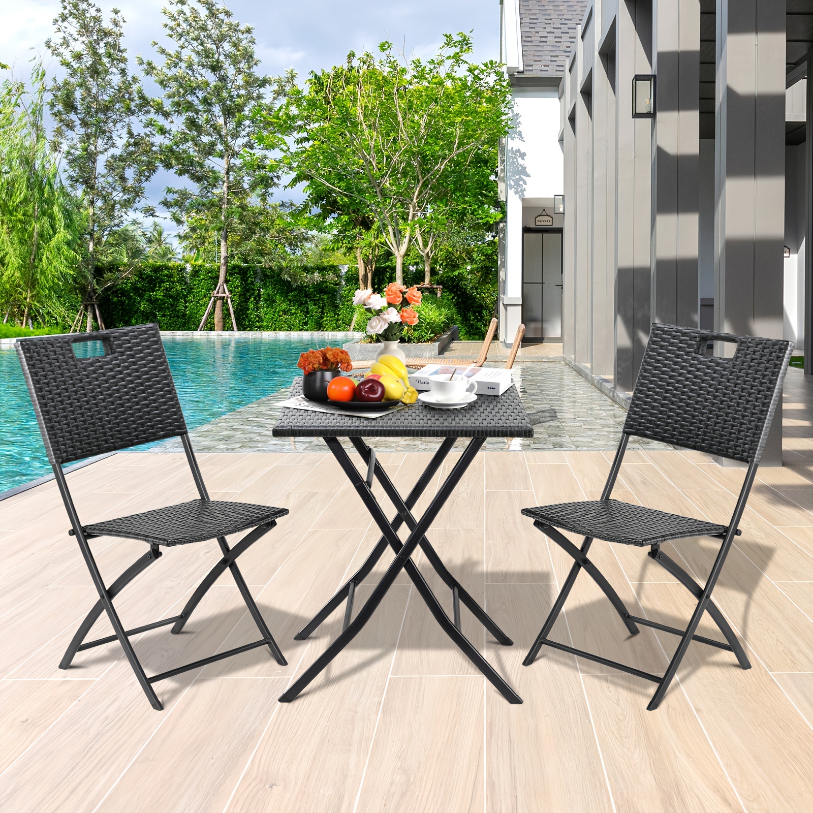 TEMU 3pcs Outdoor Furniture Set, Balcony Furniture Rattan Set, 1 Folding Table And 2 Chairs, Foldable, Lightweight Table And Chairs, 3pcs Folding