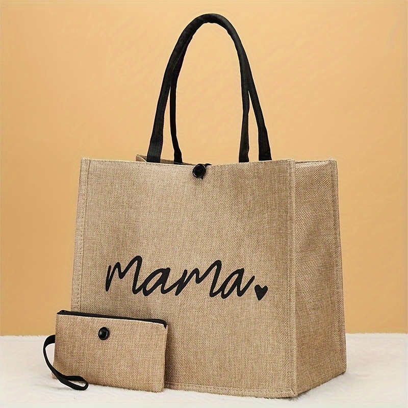 

2-piece Set, "mama" Printed Burlap Tote Bag & Clutch Zipper Pouch With Heart Detail, Ideal Mother's Day Gift