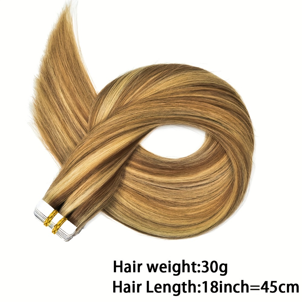 TEMU 20pcs Double Sided Tape-in Hair Extensions - 100% Real Human Hair, Rooted Dark Brown To Chestnut Highlights, Seamless Weft, Lustrous, Thick Ends, Long-lasting Adhesive - For Women Suitable For All