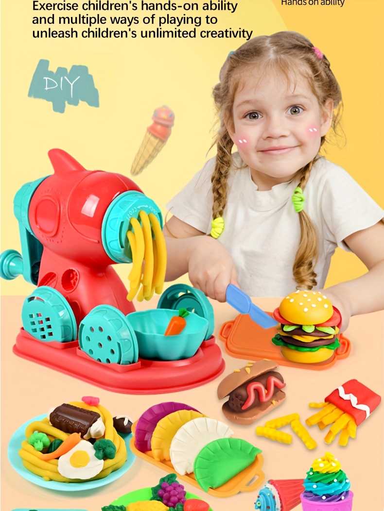 Luxueuze klei twee-in-een kleurrijke deeg keuken creatieve voedsel speelgoed set, inclusief burger en noodle maker, vormgevingsgereedschap accessoires en 24-kleur deeg set, geschikt voor meisjes en jongens van 3+ jaar oud kunst ambacht cadeau
