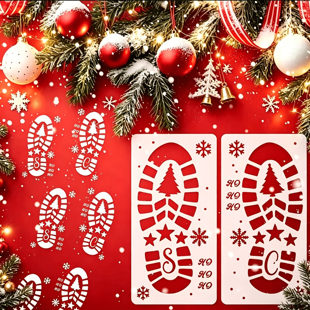 TEMU 2pcs Christmas Santa Footprint Stencils, For Wall Painting, Large Santa Boot And Snowflake Patterns | 5.9 X 11.8 Inches (15 X 30 Cm) | Reusable