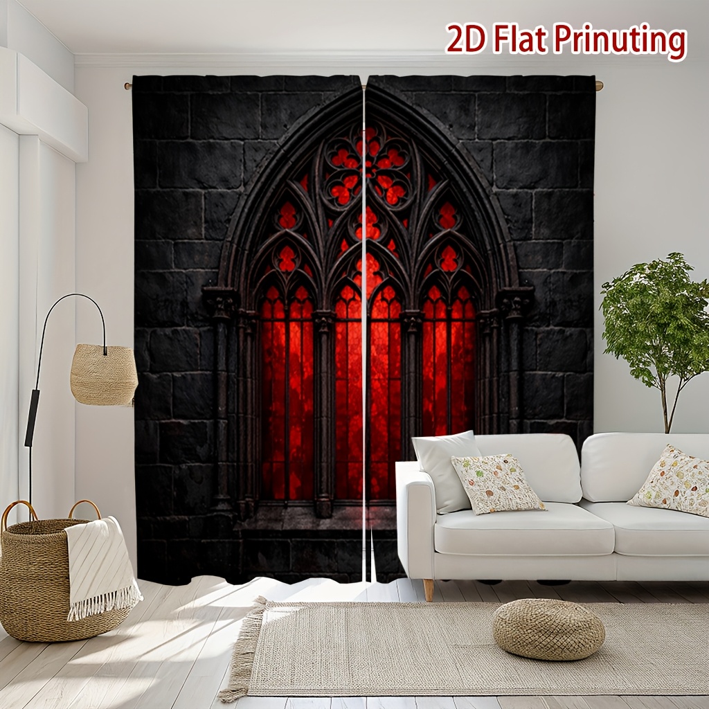 TEMU [ Products]set Of 2 Gothic Red Window Printed Curtains, Soft Light, Privacy Protection, Pocket Rod Style Installation, Suitable For Living Room,