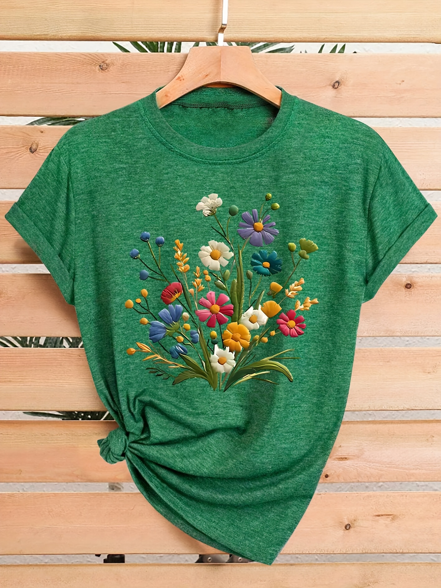 womens floral print t shirt casual crew neck short sleeve top medium stretch fabric vintage style with colorful   sizes s xxl Product details 5