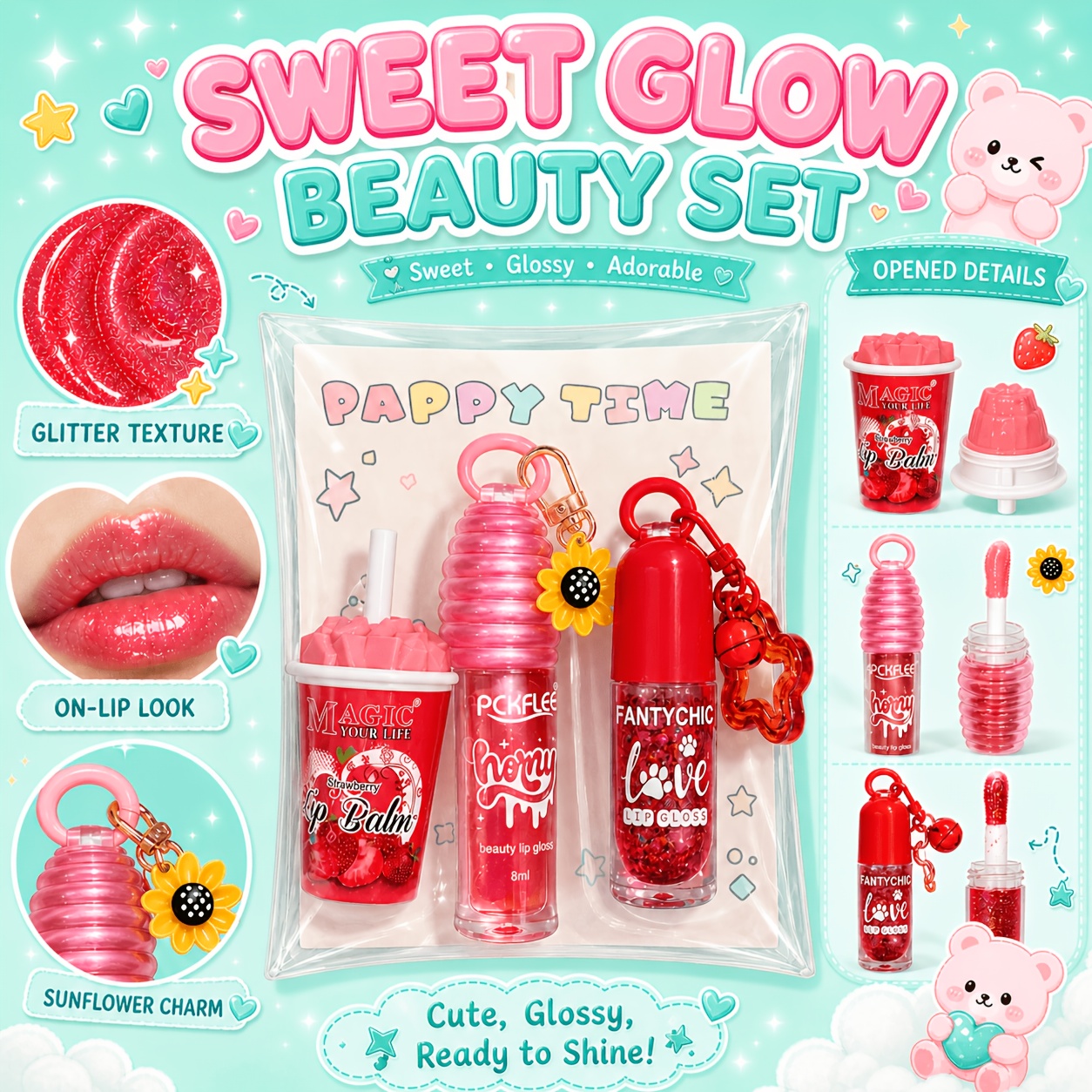 3pcs cute sunflower lip gloss set peach orange strawberry - Temu