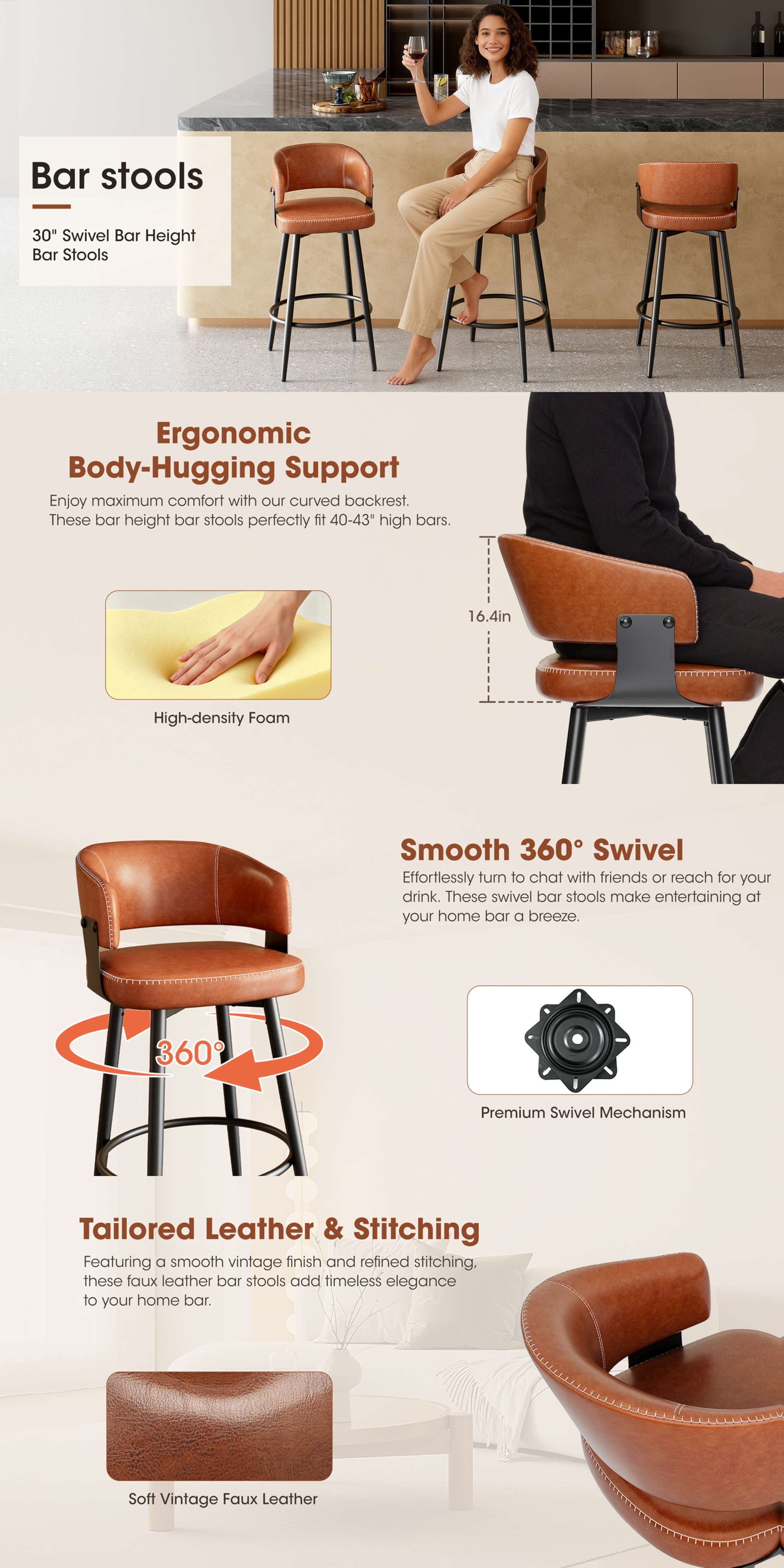 Bar Stools Set of 2 - 30" Swivel Mid-Century Modern Faux Leather 13 Mid-Century Modern Bar Stools Overview