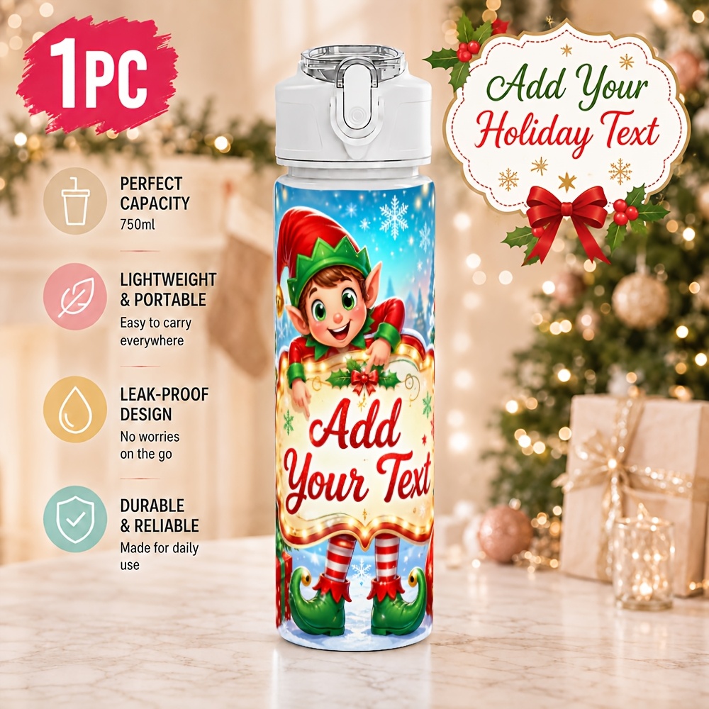 TEMU 1pc Personalized, Christmas Elf 750ml Car Water Bottle, Gift Ready, Custom Name, Plastic Sports Cup With Open, Easy-clean Mouth, Clear Lid,