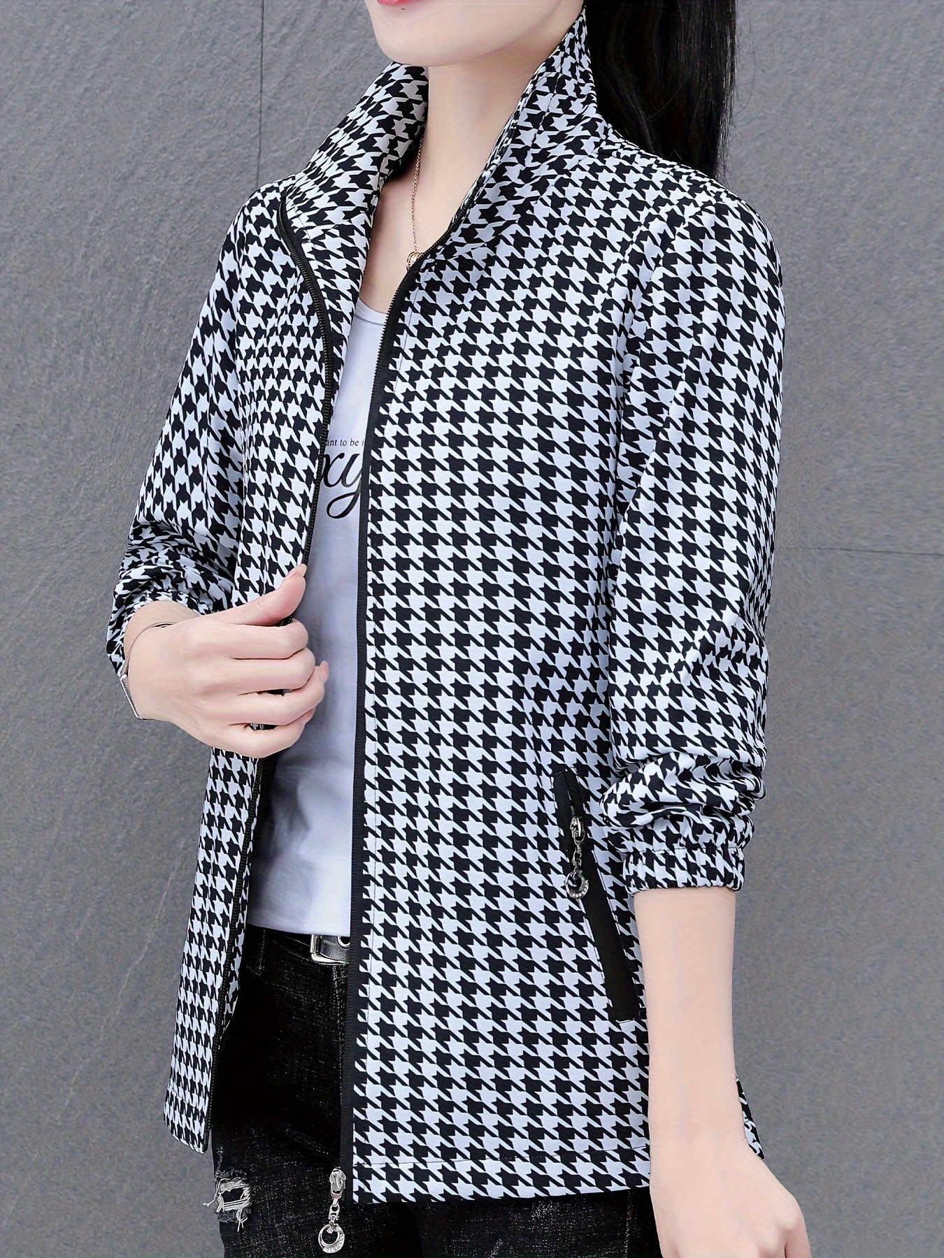 Blazer Woman Autumn Chic Elegant Houndstooth Casual Office