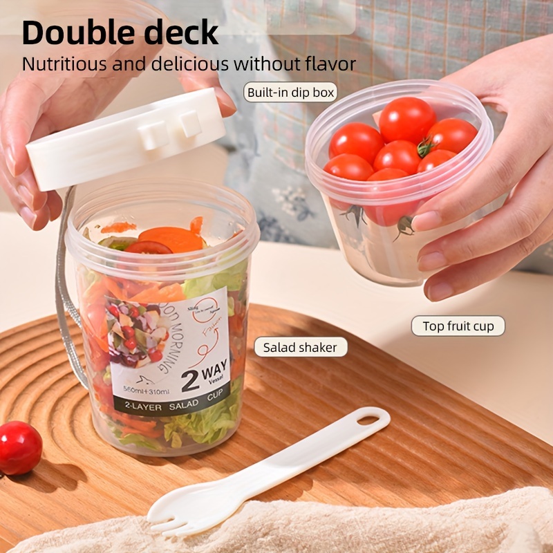 

Reusable Double-layer Salad And Yogurt Cup Set - 19.7oz + 10.9oz Portable Food Container With Fork Lid And Carrying Strap, Bpa-free Plastic, Round Shape, Fridge Safe, Ideal For Travel, School, Office