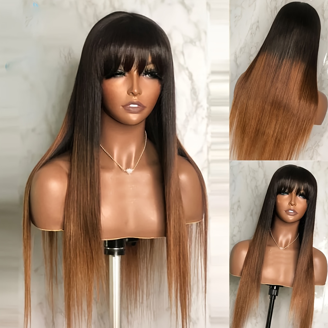 Image of 26-inch Long Ombre Brown Straight Wig With Smooth Bangs, Featuring A Lace Front And 180 Density. It With Pre-plucked, Ideal For Everyday Wear For Women