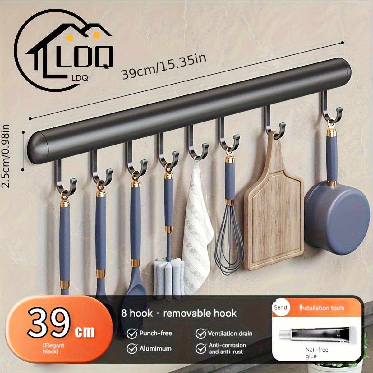 

Ldq Space-saving Aluminum Hook Rack - Punch-free, Wall-mounted Storage For Kitchen & Bathroom Towels, Spoons, And Utensils