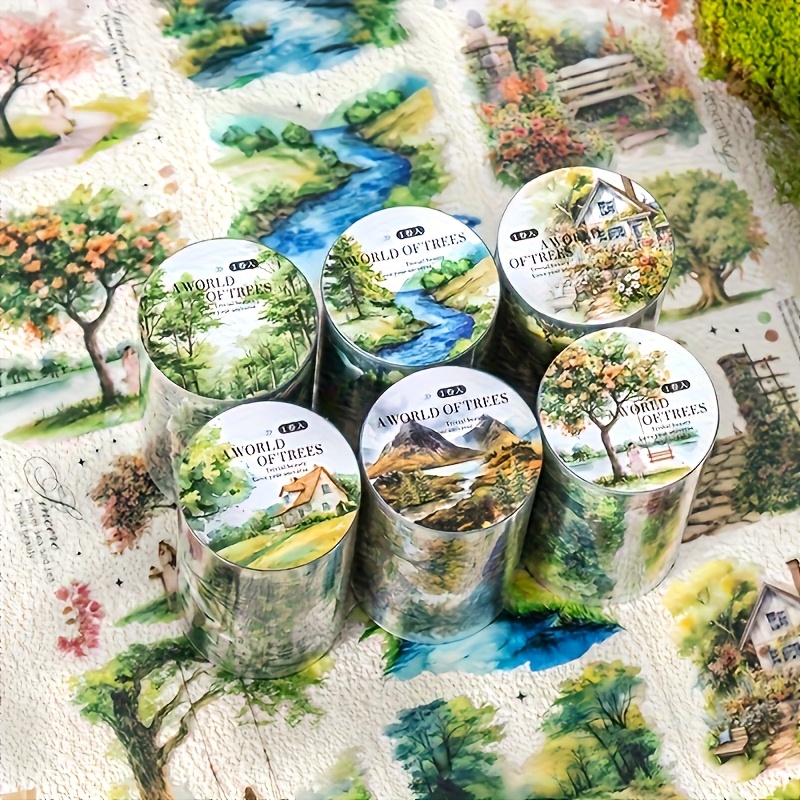 Image of 6 Rolls - Plant Tree Theme Tape, A Breeze Series, Vintage Scrapbooking Paper Notebook Supplies Set Aesthetic Decorative Craft Tape, Suitable For Planners, Junk Journals, Retro Crafts