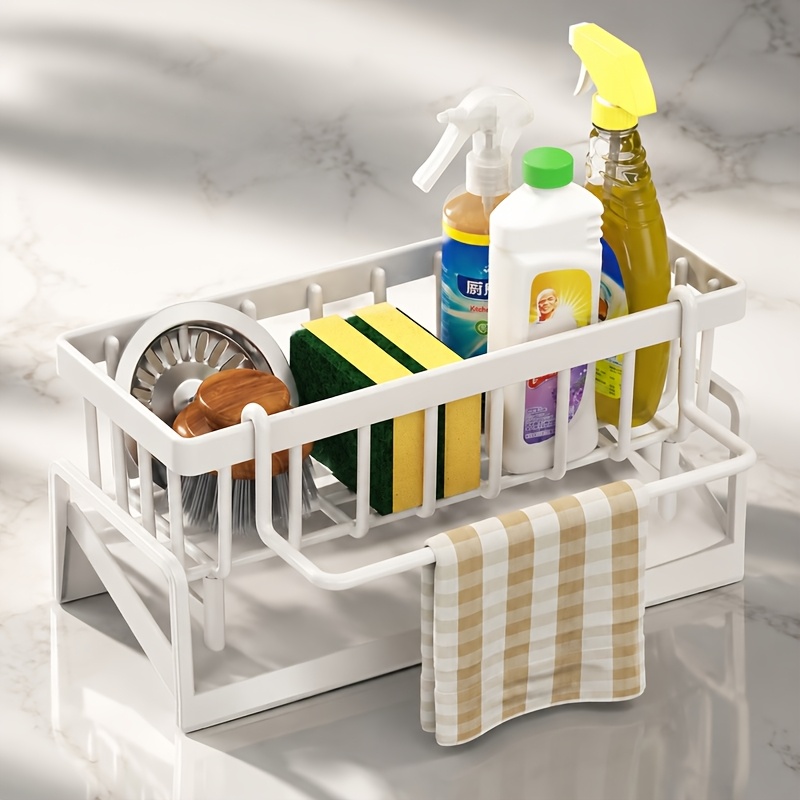 TEMU Multifunctional Kitchen Sink Storage Rack With Towel Rackheavy-duty Metal Sponge Rack, Dishwashing Liquid Storage Box, And Self-draining