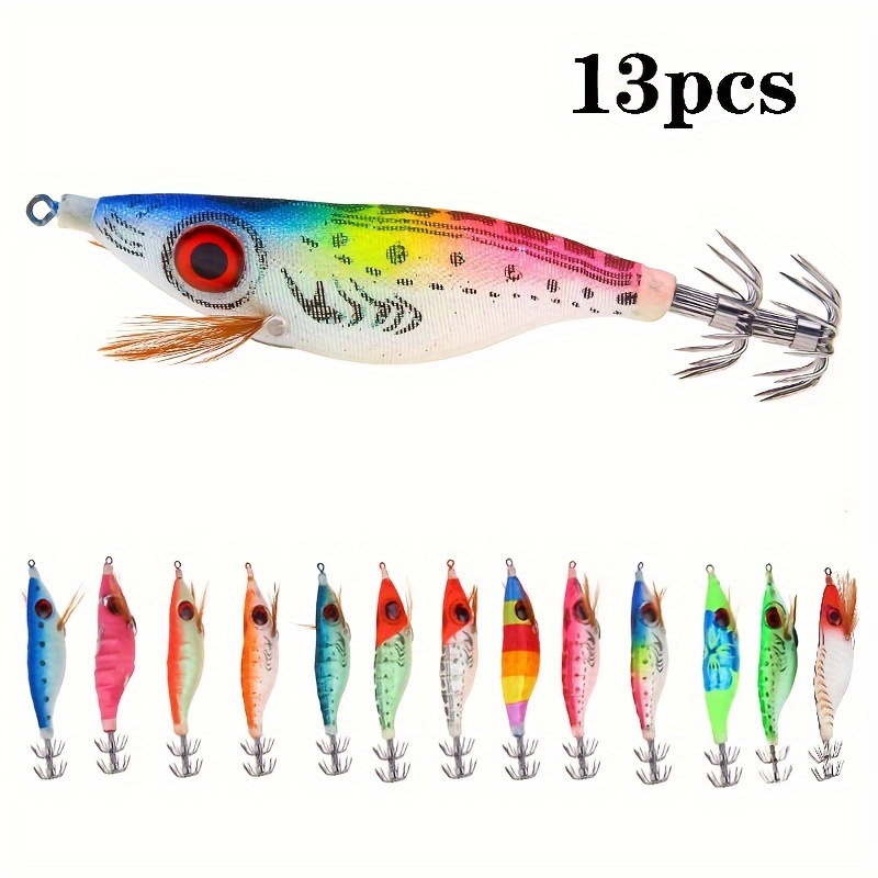 

13pcs -the-dark Squid Jigs - Octopus & Fishing Lures, Abs Plastic With Wooden Shrimp Design