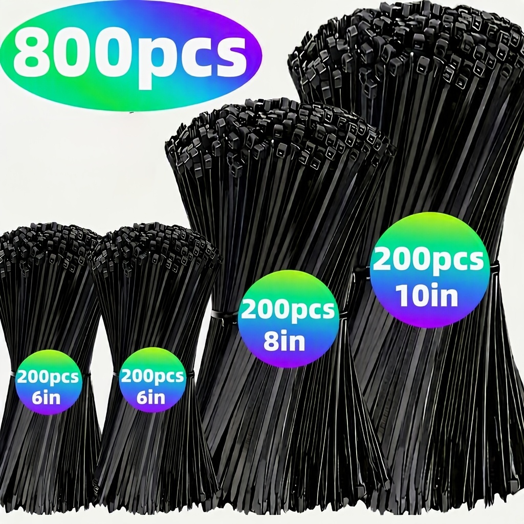 TEMU 800pcs Heavy Duty Nylon Cable Ties, Self-locking Zip Ties 10/8/6 Inches, Cable Organizers For Home Office Garden Industrial Workshop, Wire