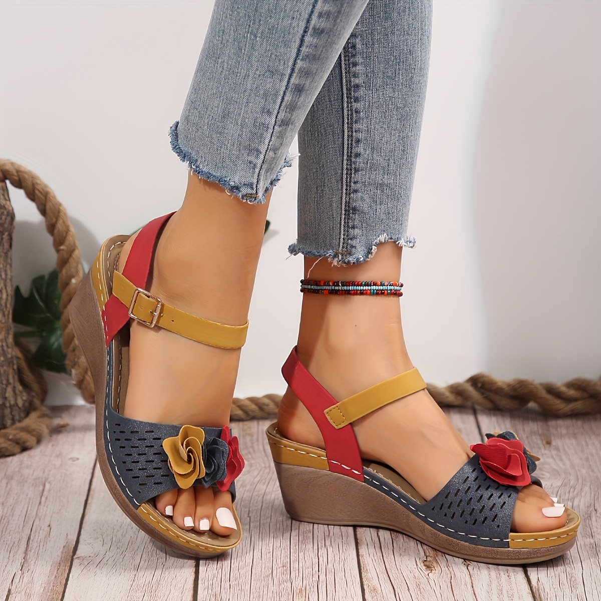 

Women's Colorblock Casual Sandals, Platform Ankle Buckle Strap Soft Sole Cut Vacation Shoes, Flower Decor Wedge Beach Shoes