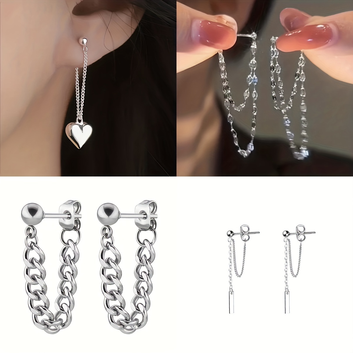 

4 Pair Silvery Heart Chain Design Earrings, Hypoallergenic Party Accessories Gift, Heart Stud Earrings Set