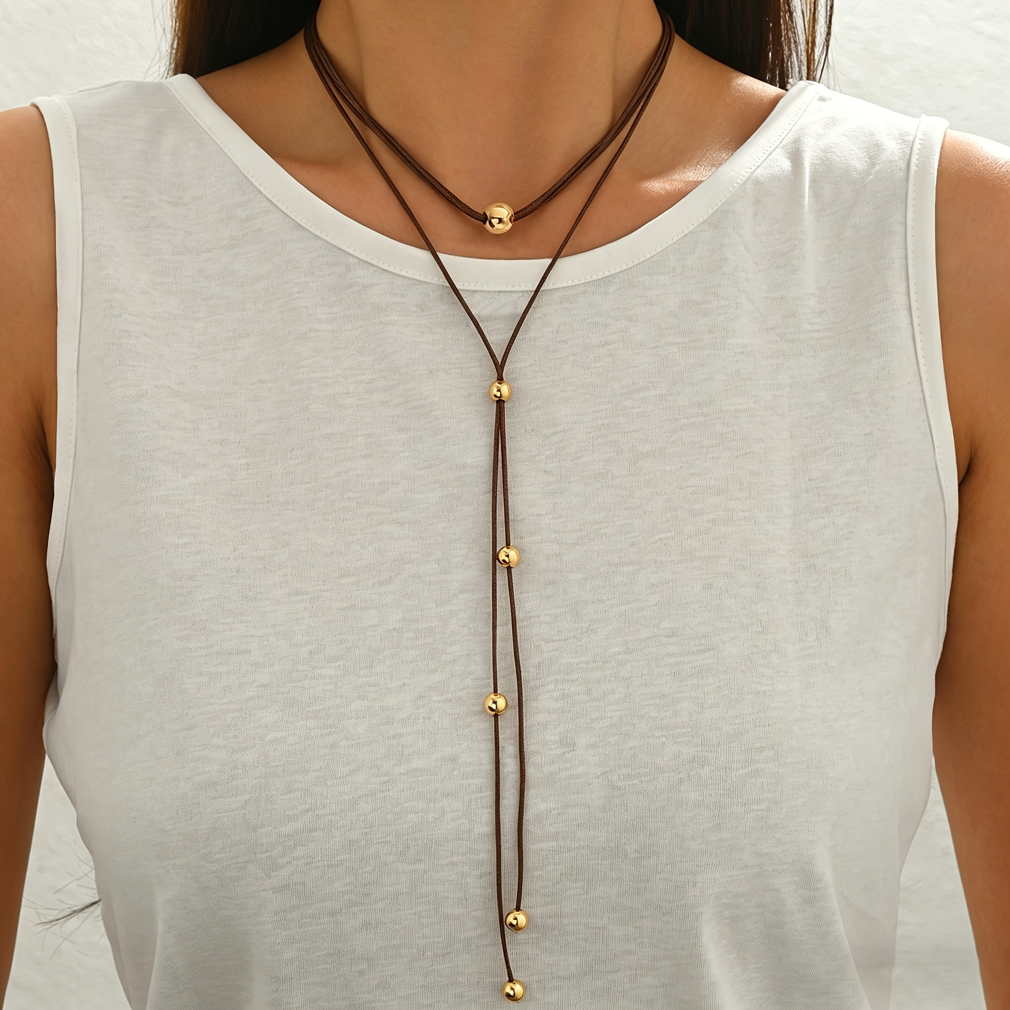 TEMU 1 collar vintage de cuerda multicapa con bolas de metal, diseño de Y para mujer, adecuado para uso diario, fiestas y vacaciones