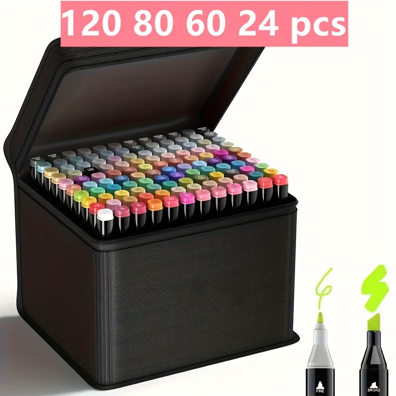 

120/80/60/24pcs Colors Markers, Double Tip Art Drawing Markers Set, Professional Permanent Markers For Adult Coloring Illustrations With Organizing Case, Pad