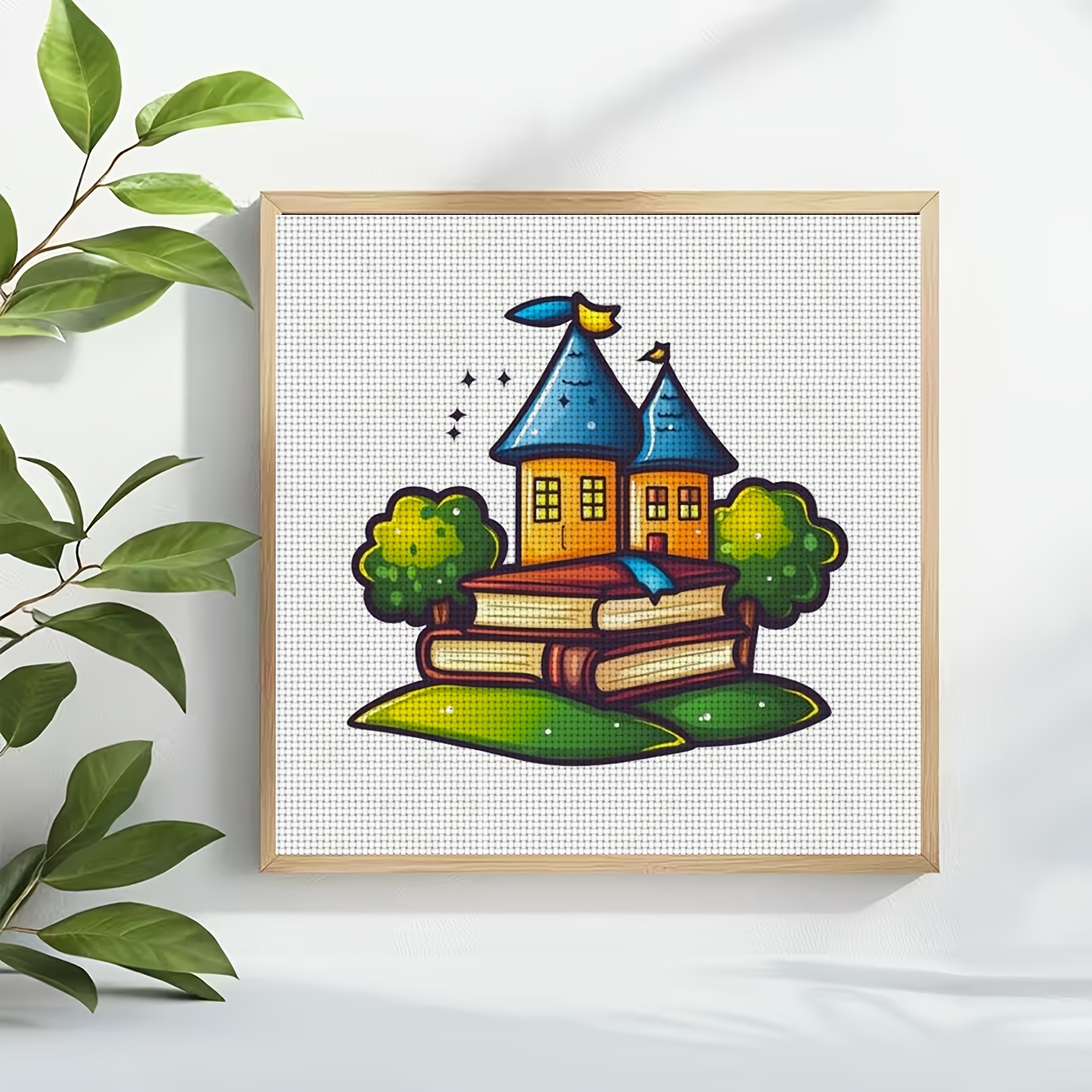 Cross-Stitch Printing Kit, 'Book Stack Castle' Design for Beginners