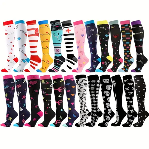 6 pairs womens thigh high compression socks symbol heart geometric pattern breathable moisture wicking ribbed cuffs for yoga cycling running machine washable thigh high socks athletic footwear sock patterns durable sock material