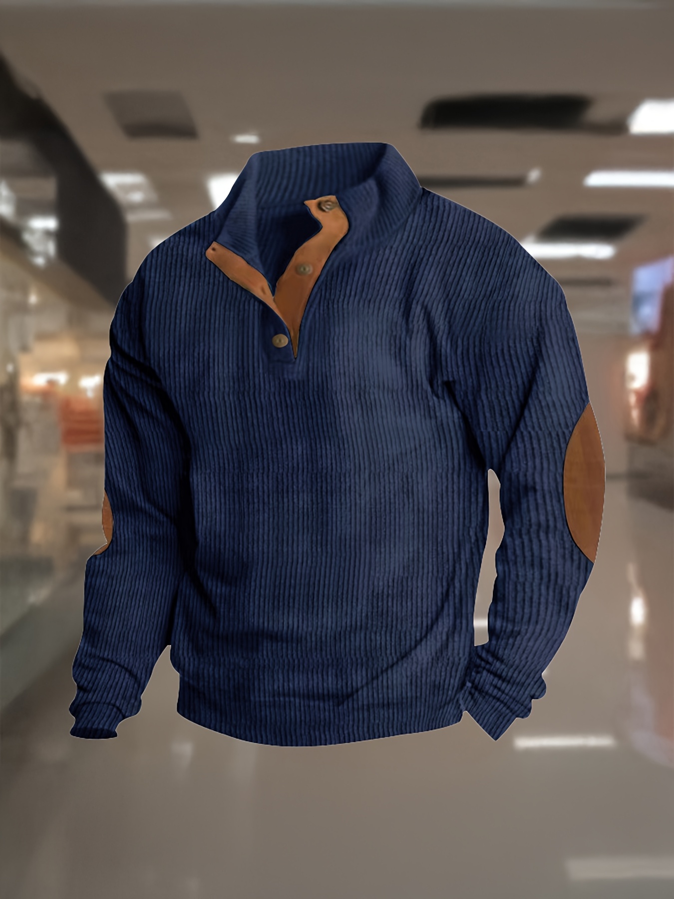 Sweat-shirt décontracté pour homme avec texture en velours côtelé, boutonné sur le devant, coupe régulière, manches longues, col montant, pull tricoté pour tenue décontractée.