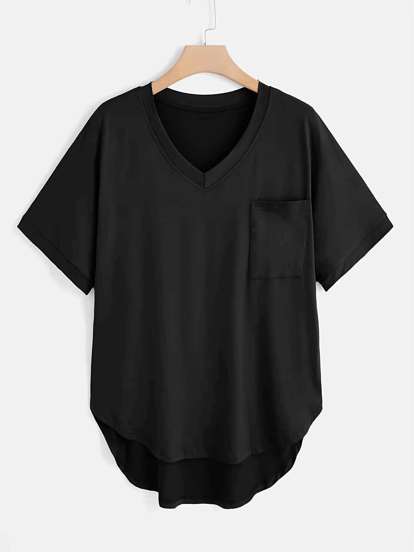 Plus Size Women's V-Neck Short Sleeve T-Shirt - Casual Stretch Top, Solid Black, Spring Summer Fall Essential, Hand Wash Only, Semiformal Attire, Versatile Fashion, Nontransparent Fabric