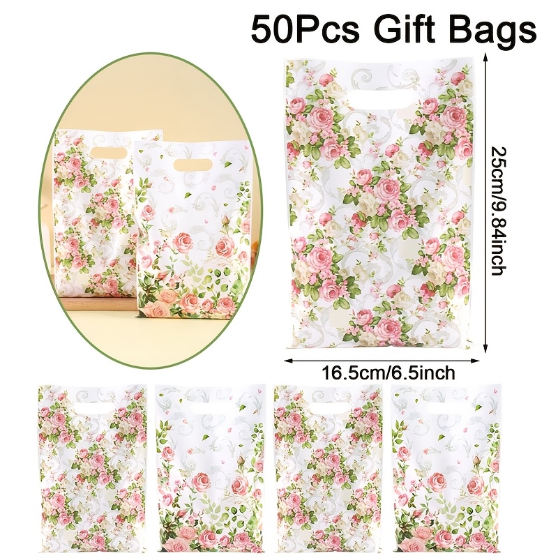 Image of 10/20/50pcs Roses Gift Bags, Floral Plastic Treat Bags With Handles, Reusable Party Favor Bags For Gift Wrapping, Perfect For Spring Birthday Wedding Bridal Shower Party Supplies, Gift Packaging Bags