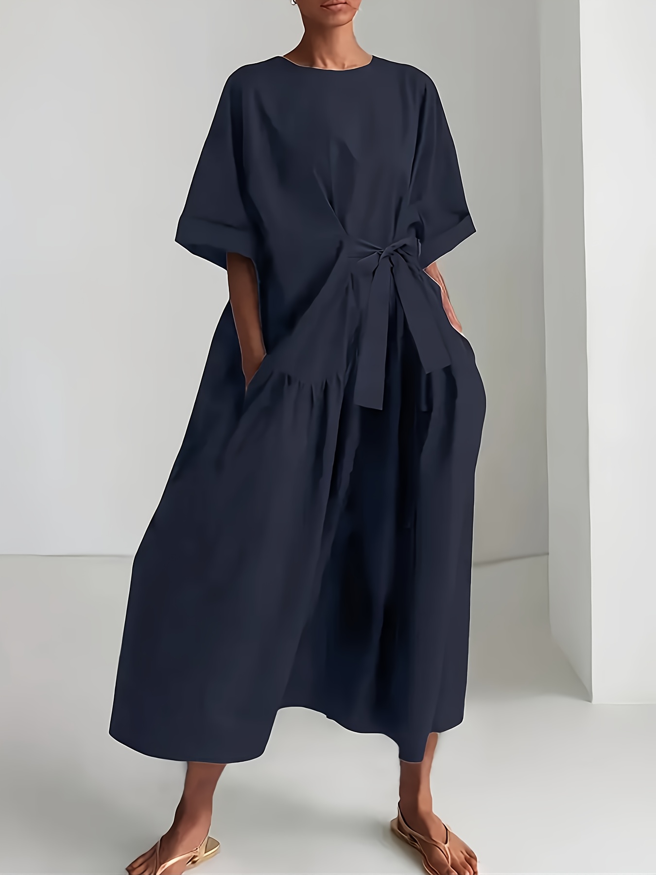 new arrival solid color long dress   sleeve loose elegant dress   in apricot and navy waist tie hidden back zipper pockets soft and comfortable fabric easy to wash and care machine washable suitable for spring summer  