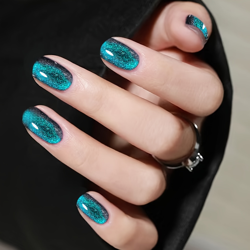 

30pcs Turquoise Cat Eye Press-on Nails – Short Square Shape, Glossy With Sparkling Green & Blue Gradient – Parties & Events