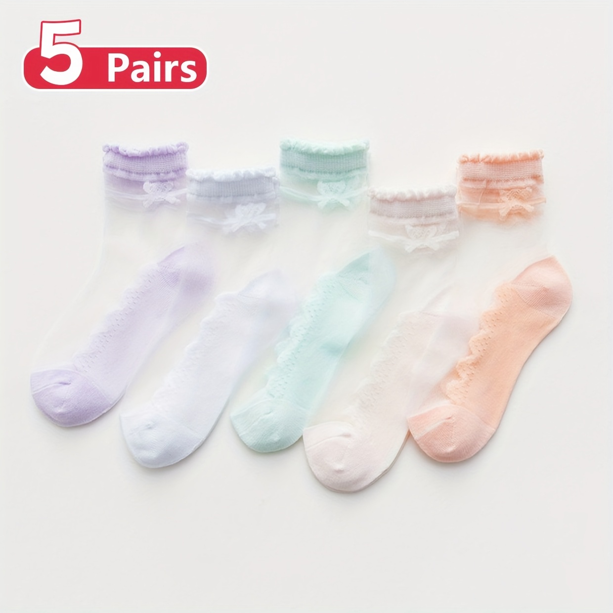 Image of 5 Pairs Of Girls' Cute Bow Ultra-thin Socks, Breathable And Sweat-proof / Thickened Soles For Non-slip, Fashionable Summer Crew Socks, Daily Wear