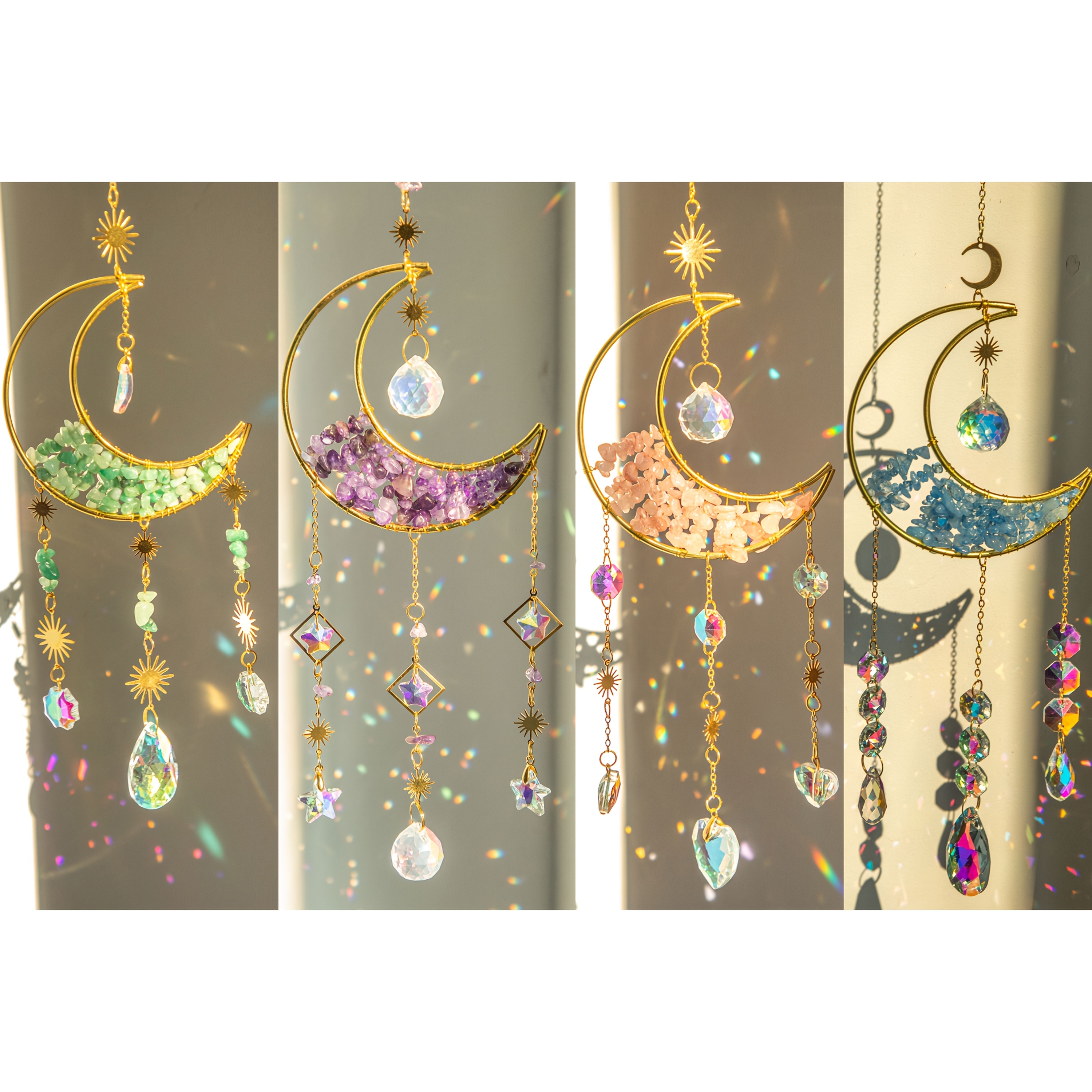 Image of 3/4pcs Prism - Half Moon Shaped Window Hanging, Rainbow Glass Decor, Wind Chime For Home Garden Porch