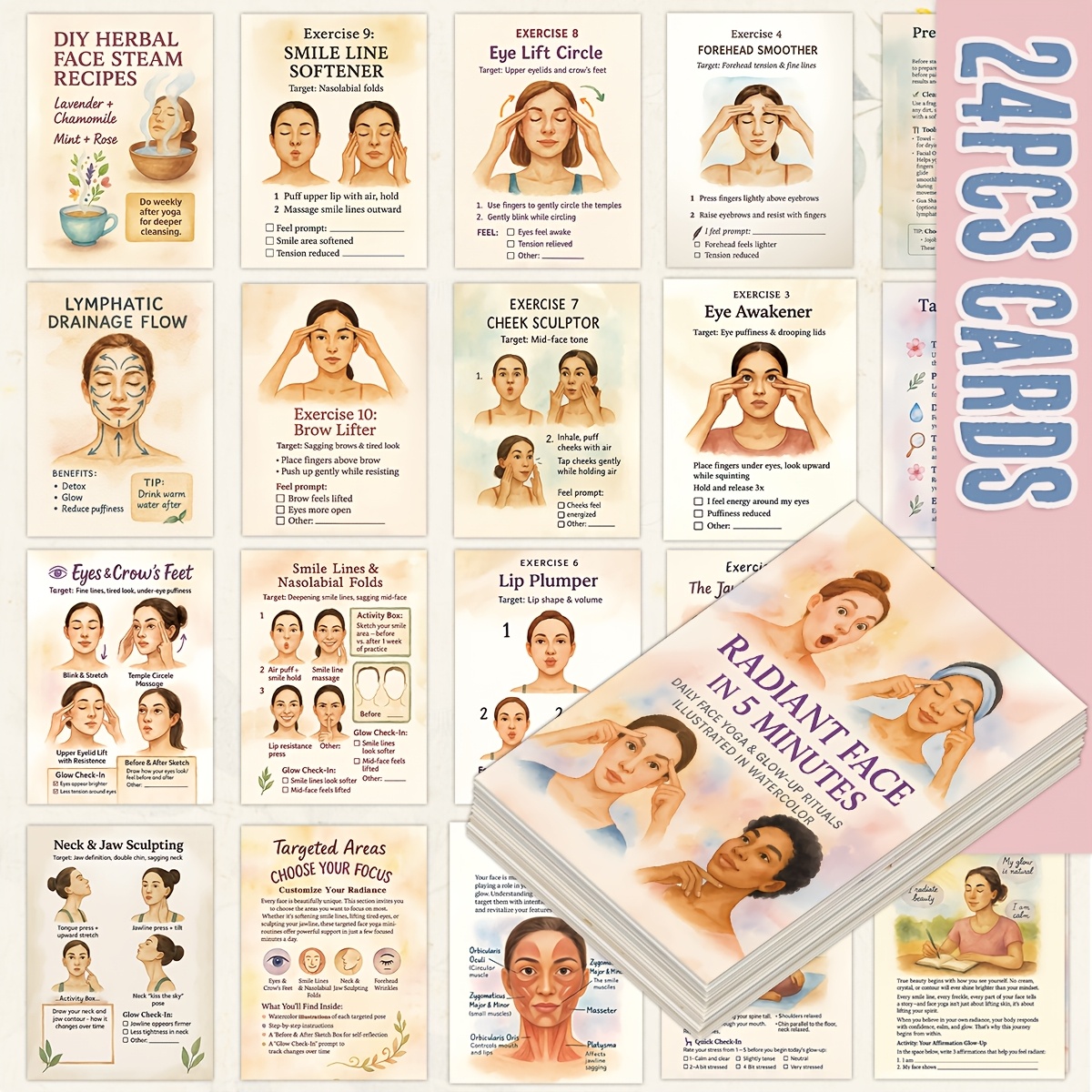 E-shop 24-teiliges Gesichts-Yoga & Gesichtsübungen-Postkarten-Set – Illustrierte Self-Care-Routine-Karten für